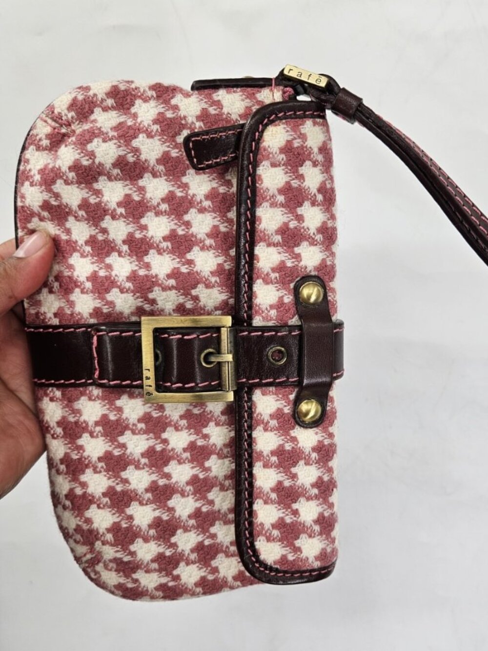 Rafe New York Shoulder Bag Pink Cream Houndstooth Tweed Purse Preppy Designer